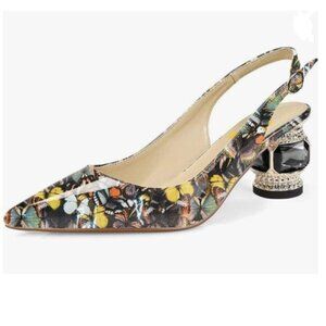 FSJ Butterfly Pointed Toe Slingback Wedding Pumps Chunky Heel Rhinestone Sandals